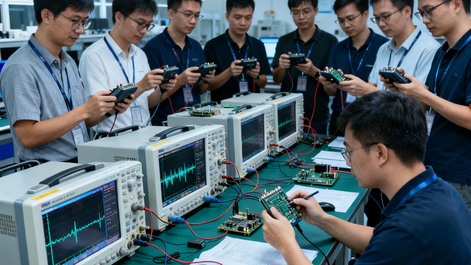 DG视讯深圳总部研发实验室内，数十名硬件工程师正在对新一代边缘计算视讯芯片进行信号完整性测试，示波器和频谱分析仪排列在工作台上。