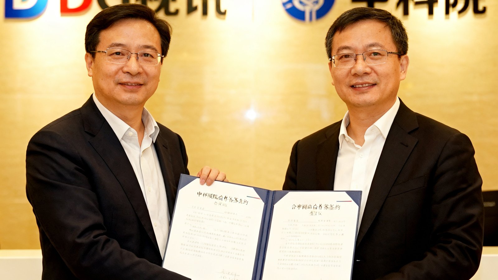 DG视讯与中科院战略合作签约仪式上，双方代表握手并交换合作协议文件，背景为双方Logo墙。