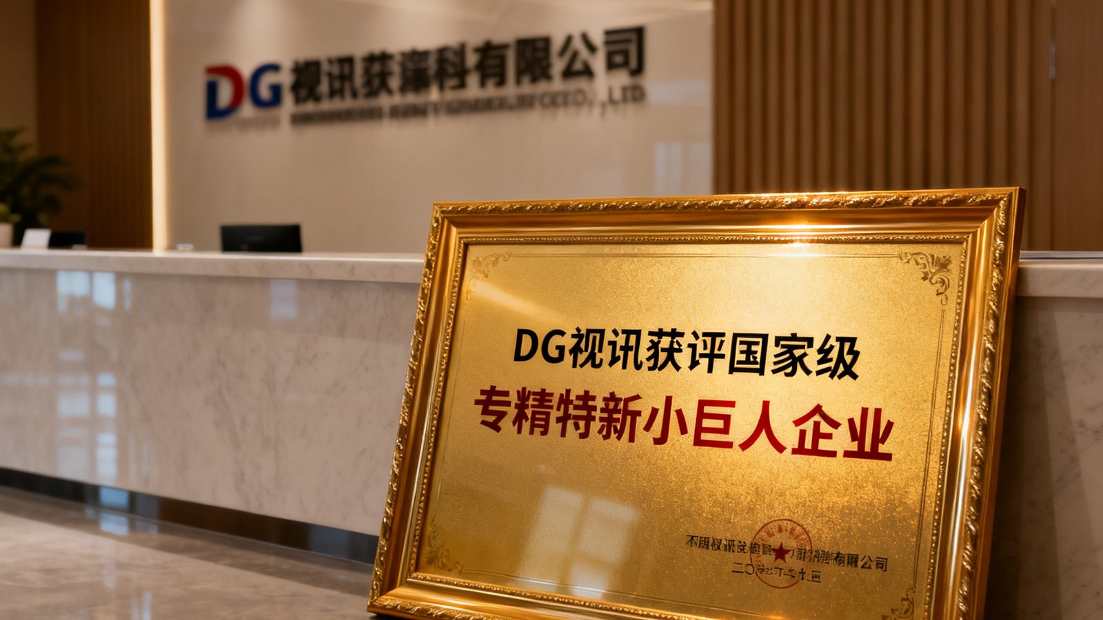 DG视讯获评国家级专精特新小巨人企业的证书特写，证书放置于公司总部前台，金色边框在灯光下熠熠生辉。